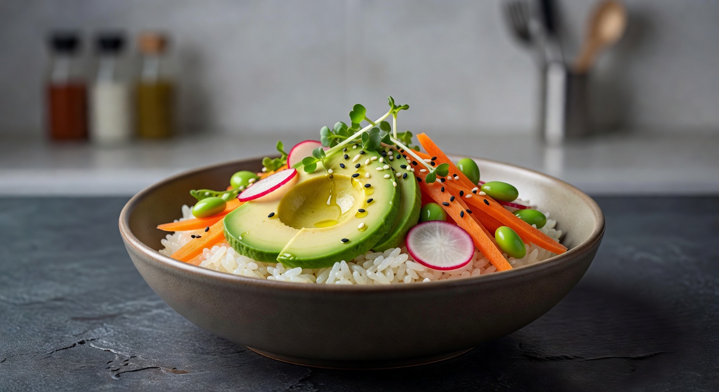 Боул с рисом, авокадо и овощами
