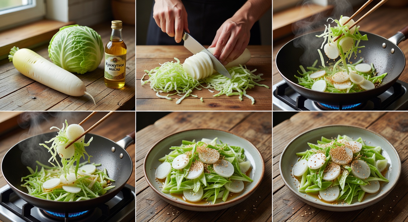 Процесс приготовления Дайкон с капустой и кунжутным маслом