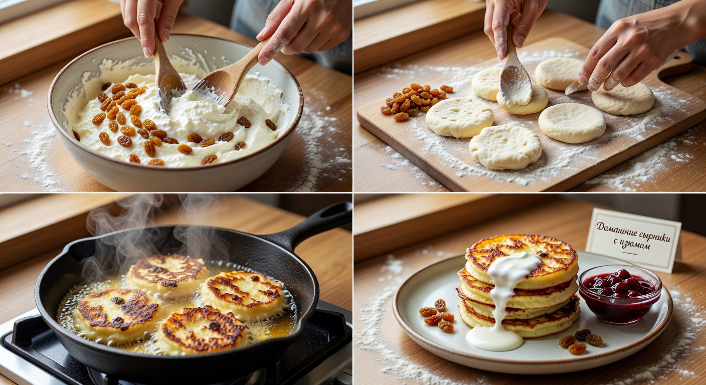 Домашние сырники с изюмом процесс