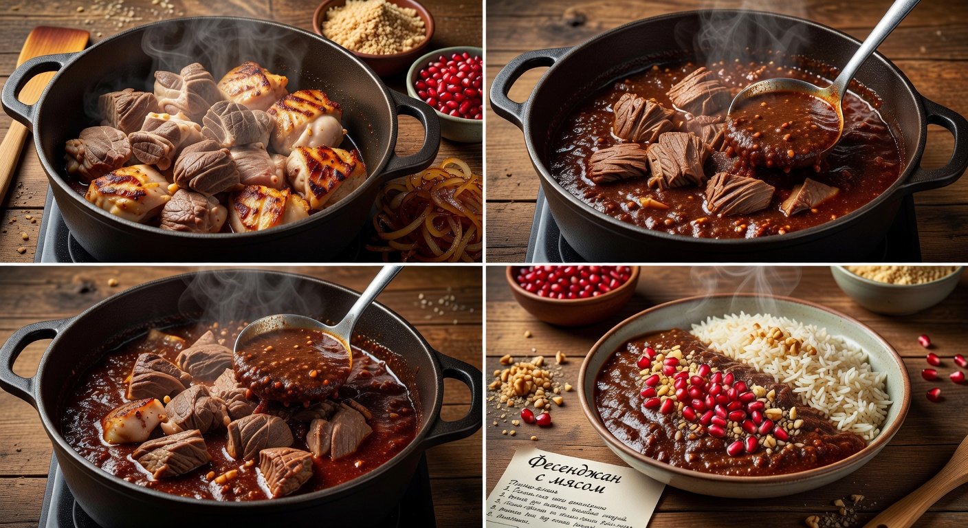 Процесс приготовления Фесенджан с мясом