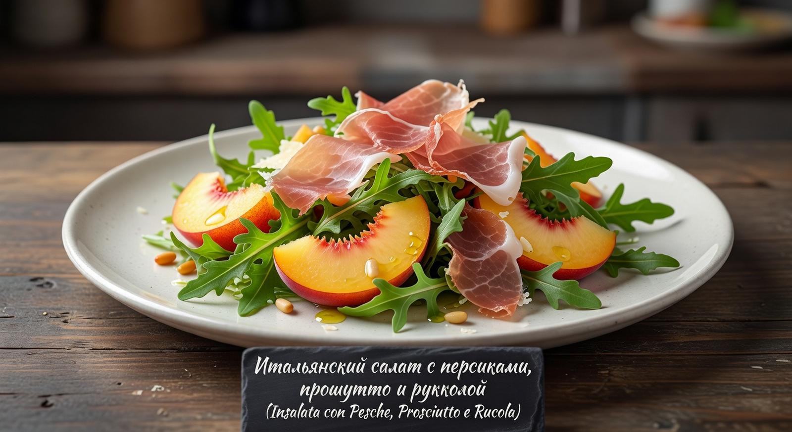 Итальянский салат с персиками, прошутто и рукколой (Insalata con Pesche, Prosciutto e Rucola)