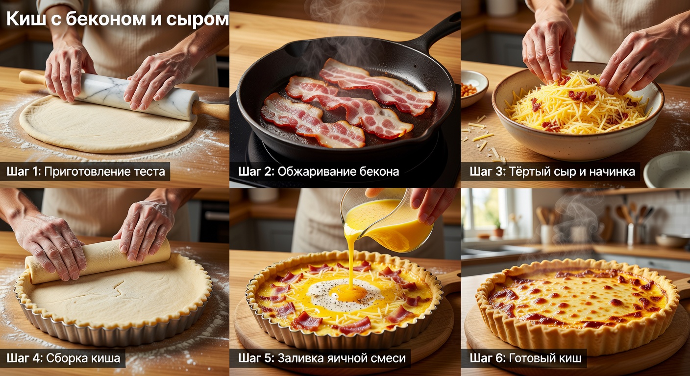 Процесс приготовления Киш с беконом и сыром