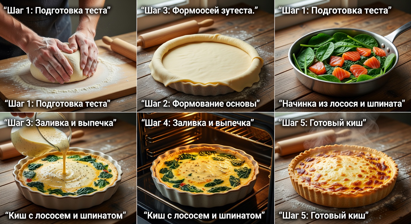 Процесс приготовления Киш с лососем и шпинатом