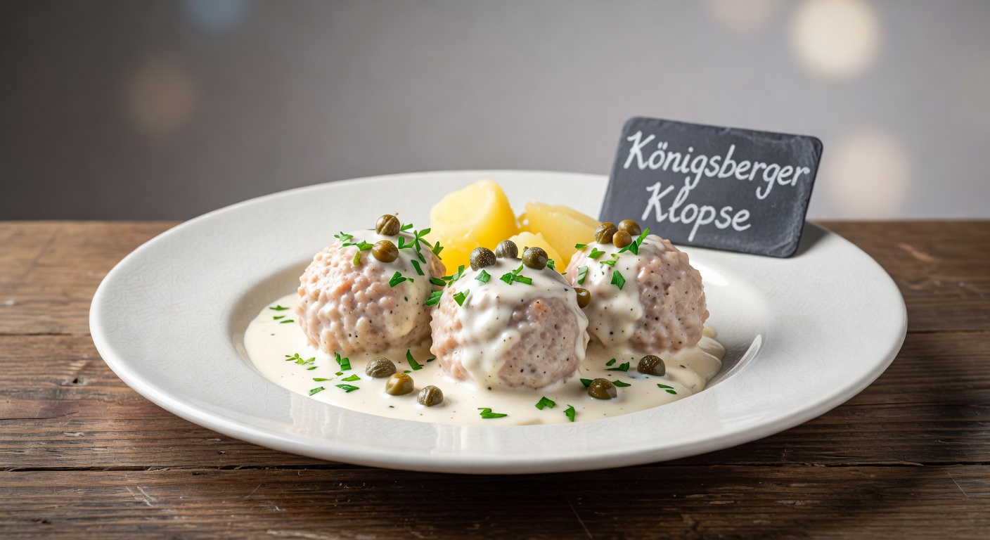 Нежные мясные клопсы в бархатистом белом соусе с каперсами и лимоном, классическое блюдо восточно-прусской кухни на тарелке с отварным картофелем и свежей зеленью