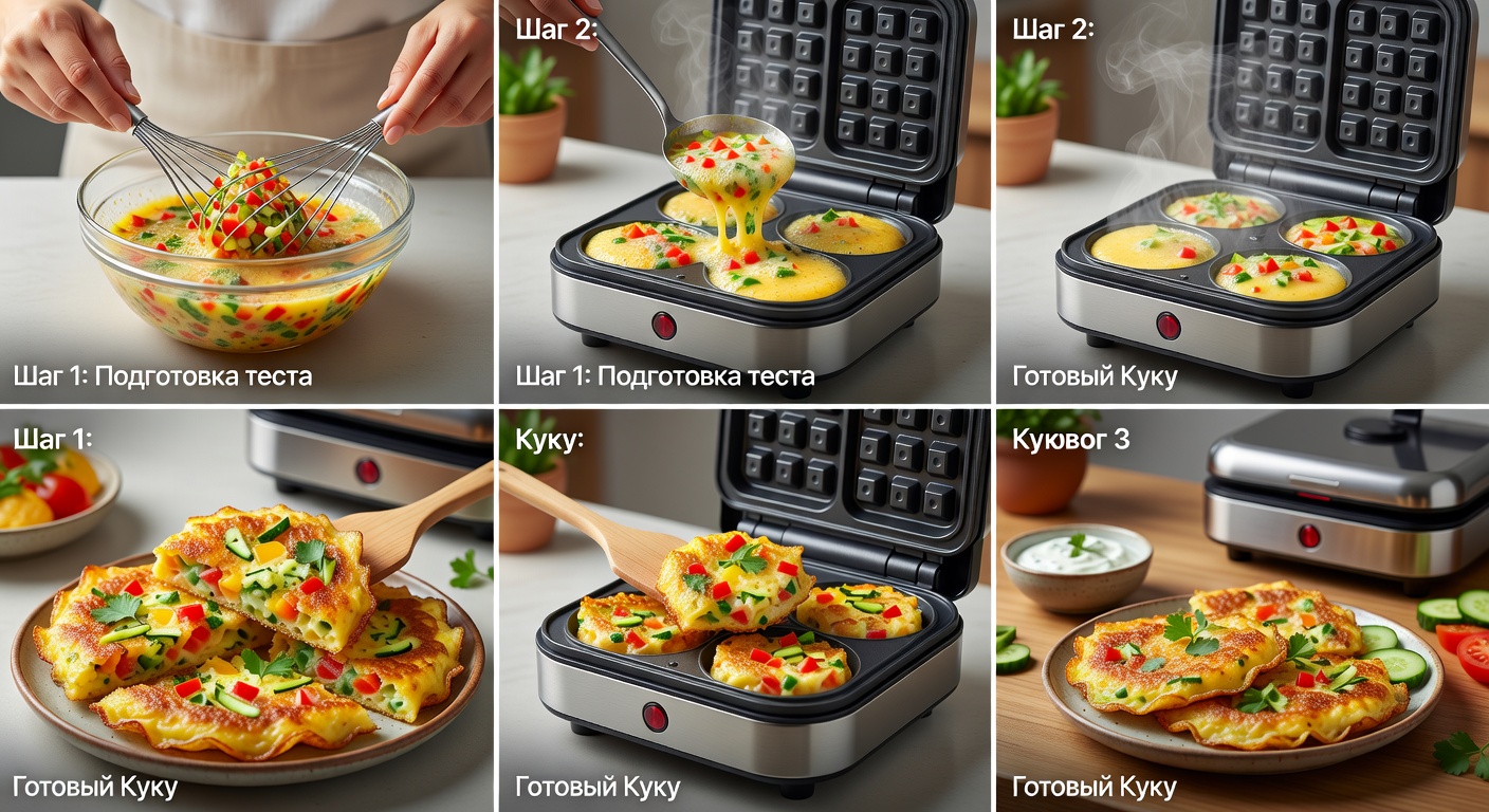 Процесс приготовления Куку (овощной омлет) в электровафельнице с насадкой для омлета