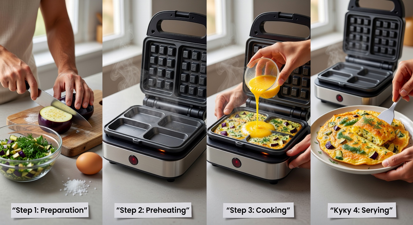 Процесс приготовления Куку с баклажанами в электровафельнице с насадкой для омлета