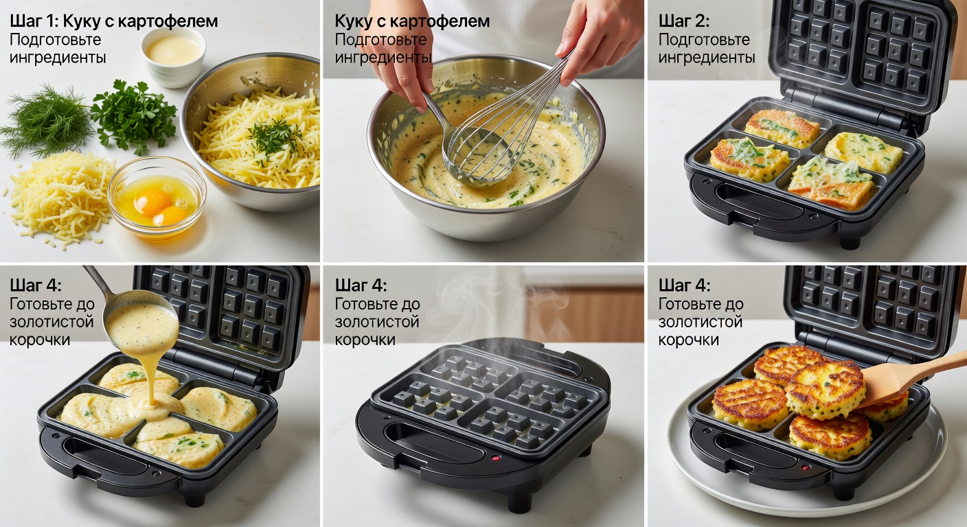 Процесс приготовления Куку с картофелем в электровафельнице с насадкой для омлета