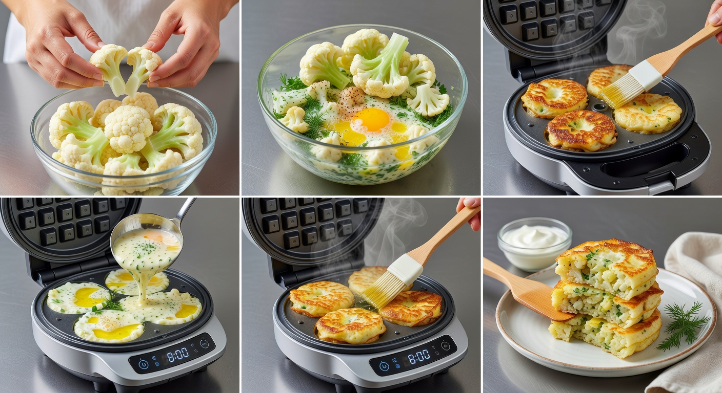 Процесс приготовления Куку с цветной капустой в электровафельнице с насадкой для омлета