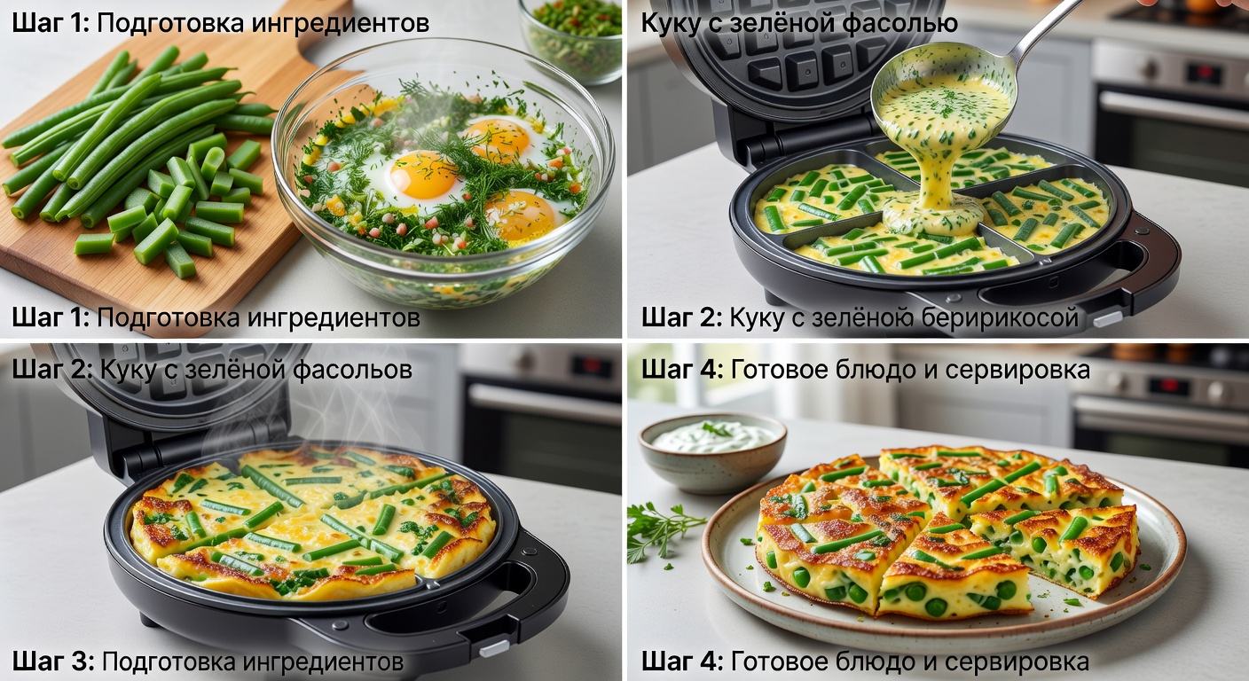 Процесс приготовления Куку с зелёной фасолью в электровафельнице с насадкой для омлета