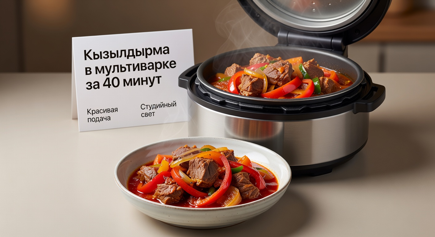 Нежная кызылдырма в мультиварке с кусочками мяса и яркой свёклой, посыпанная свежей зеленью, в глубокой тарелке на деревянном столе