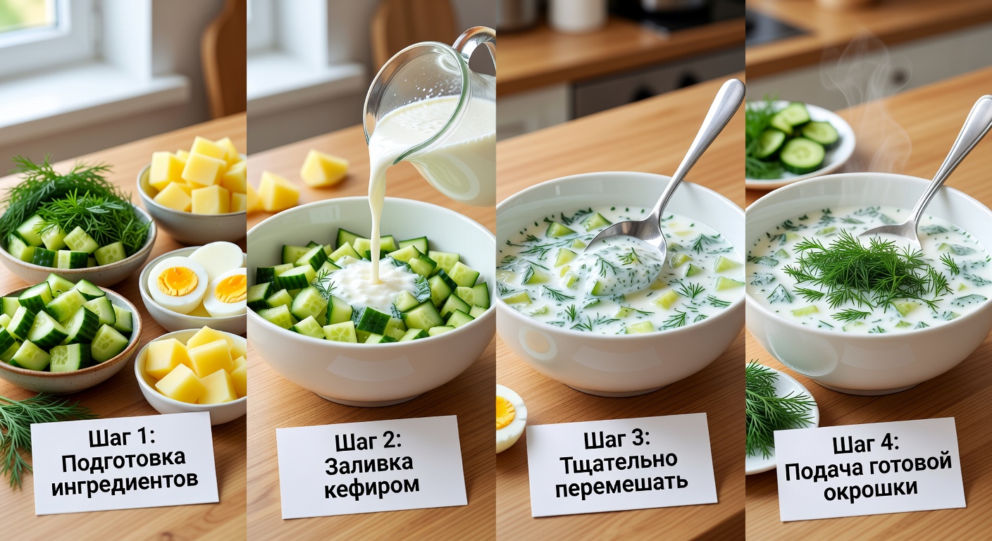 Процесс приготовления Окрошка ПП на кефире с укропом и огурцом