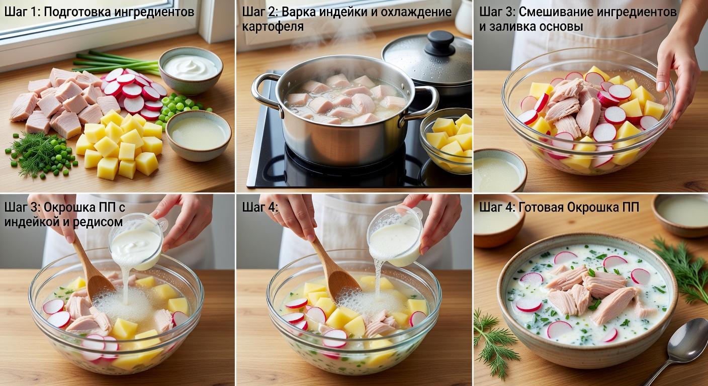 Процесс приготовления Окрошка ПП с индейкой и редисом