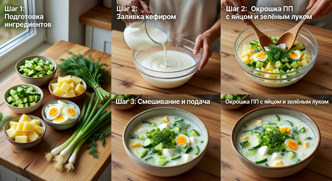Процесс приготовления Окрошка ПП с яйцом и зелёным луком