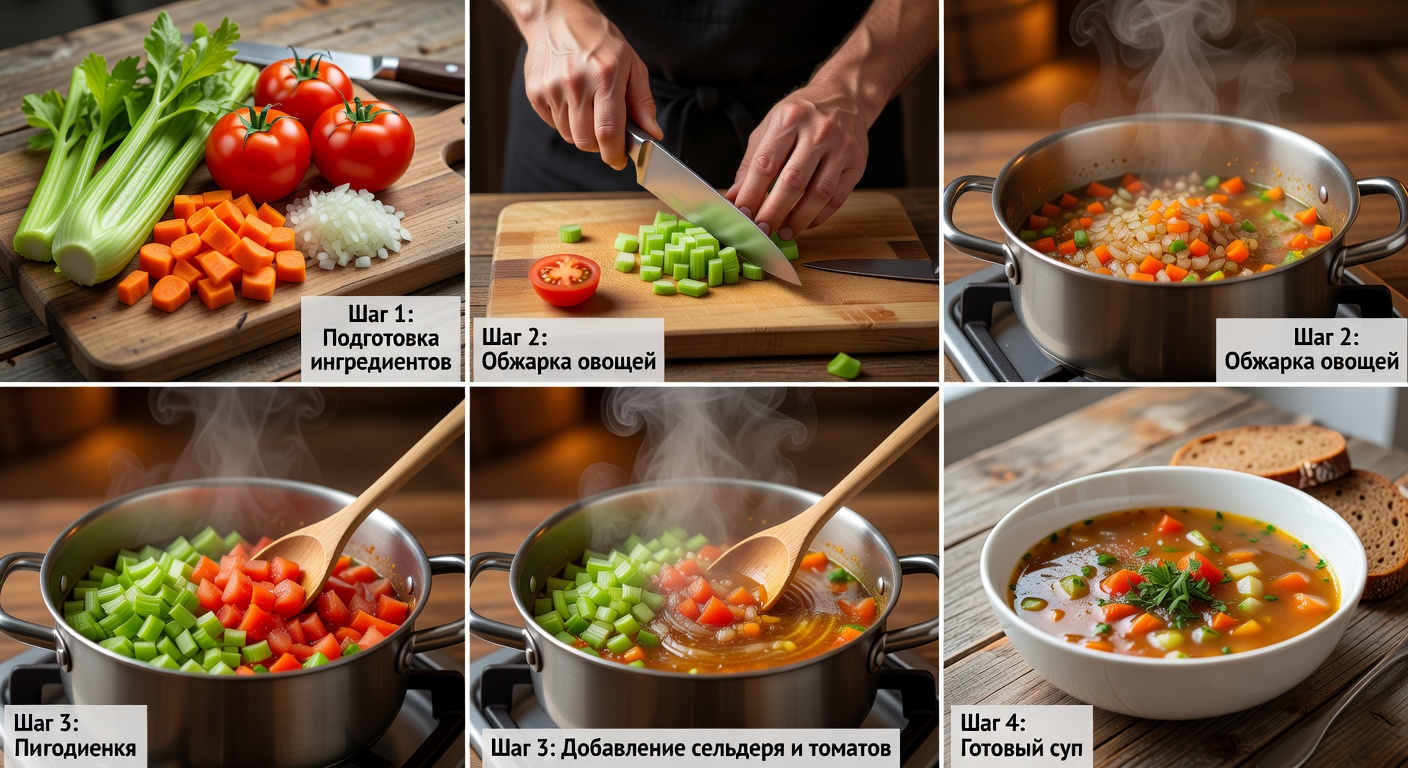 Процесс приготовления Овощной суп с сельдереем и томатами