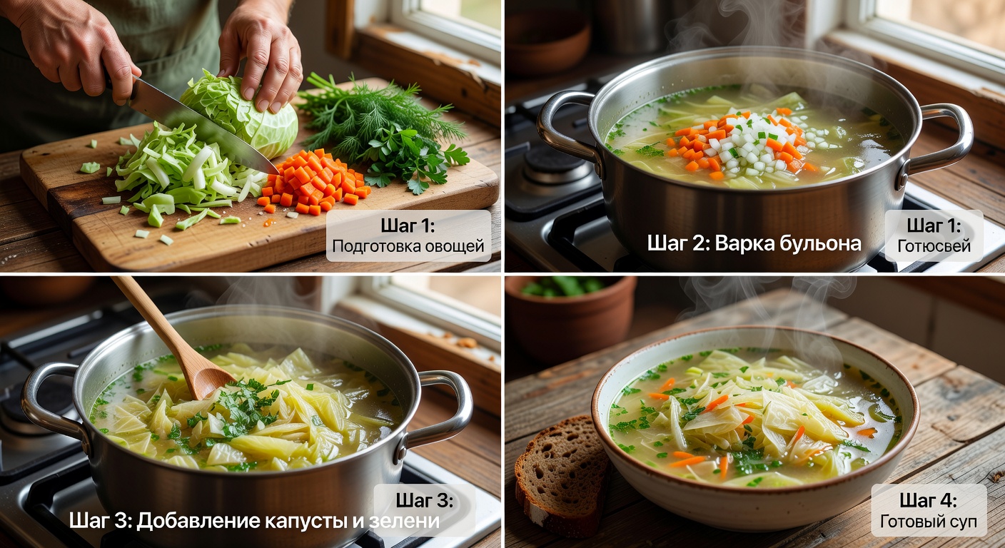 Процесс приготовления Постные щи из свежей капусты с зеленью