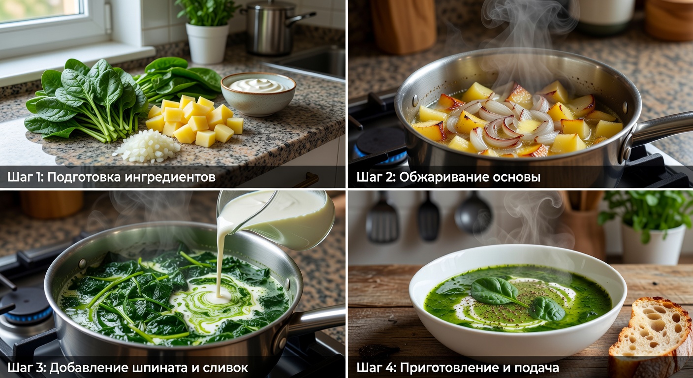 Процесс приготовления Сливочный суп с шпинатом