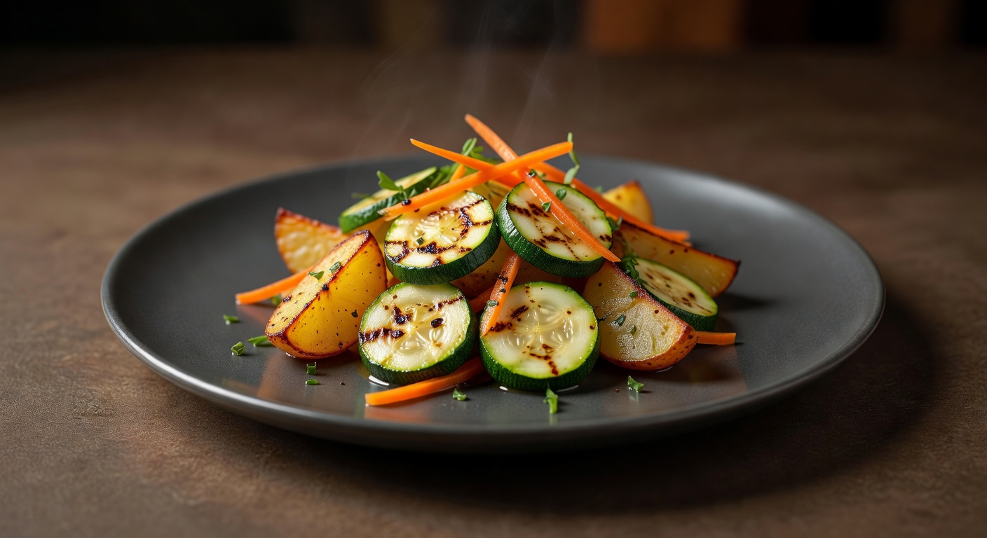 Тёплый салат с кабачком, картофелем и морковью