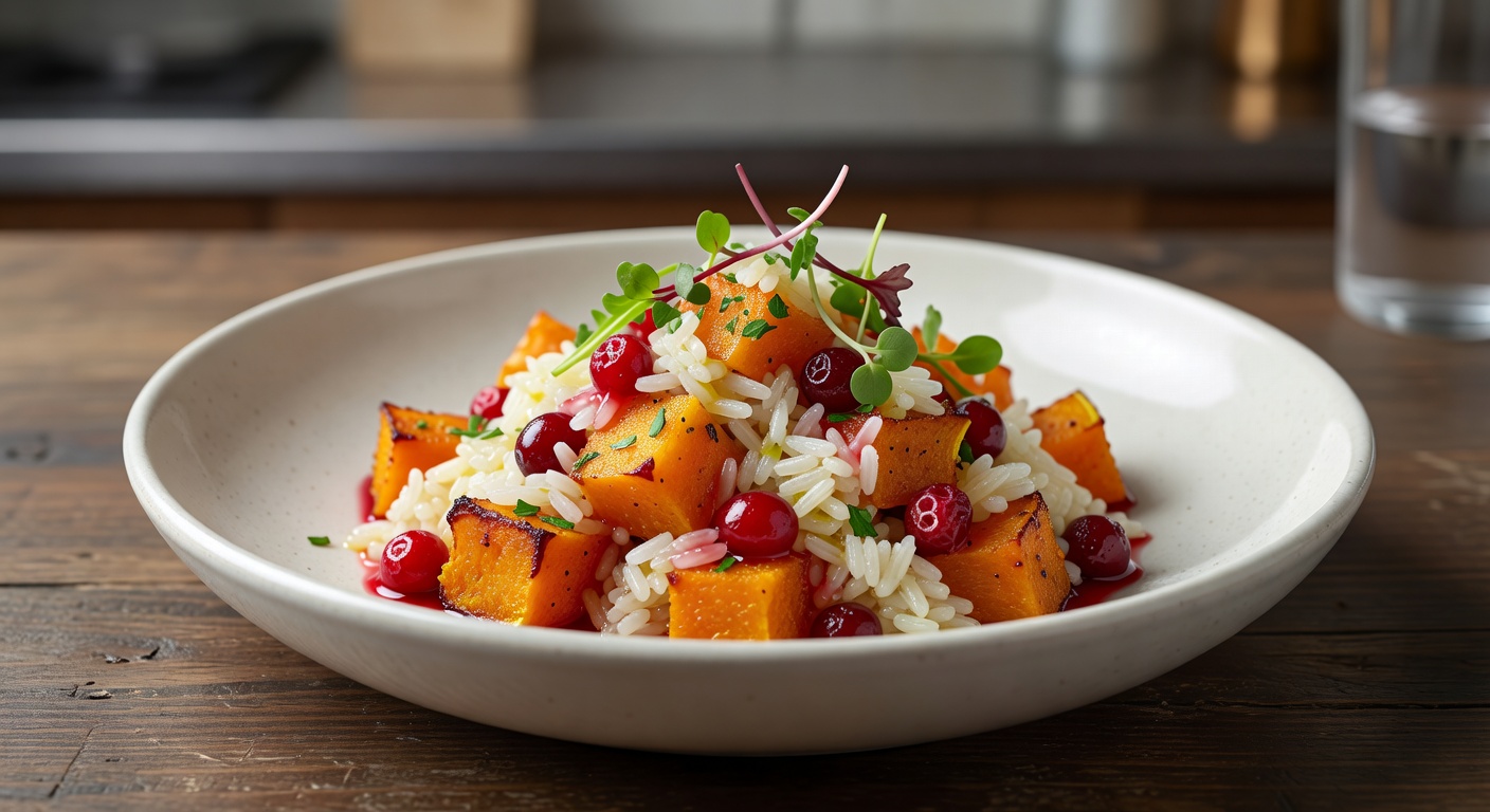 Тёплый салат с тыквой, рисом и клюквой