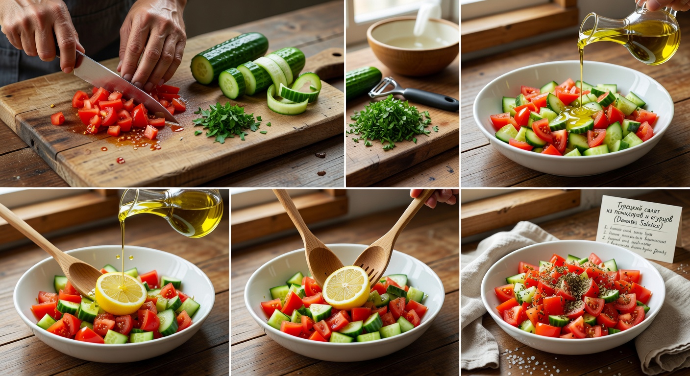 Процесс приготовления Турецкий салат из помидоров и огурцов (Domates Salatası)