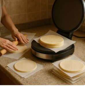 Тесто для блинчиков в чапатнице при ХПН, подагре и преддиабете Гениальный прием для автматизации выпекания блинчиков: Так делать можно, и это хороший приём, особенно если ты хочешь сразу заготовить несколько блинов и получить ровную стопку одинаковых по толщине. Вот как правильно: 🔹 Раскатай кружочки теста заранее (толщина ~1–2 мм). Удобно делать это между двумя листами пергамента — тесто не прилипает и не рвётся. 🔹 Сложи их стопкой, перекладывая каждый лист пергаментом. Это не даст им слипнуться. 🔹 Поставь всю стопку прямо в чапатницу под закрытую крышку на 20–30 секунд. За это время верхние слои прогреются, нижние начнут слегка схватываться. 🔹 Дальше доставай по одному и допекай уже без пергамента (по 1–2 мин с каждой стороны). 🌿 Что это даёт: – блины получаются ровнее и тоньше, чем если лить тесто; – поверхность — гладкая, как у покупных тортильяс; – стопка не высыхает, потому что тепло распределяется мягко; – можно заморозить всю стопку прямо в пергаменте и потом разогревать по одному. ⚠️ Только важно: не держи всю стопку дольше 30–40 секунд — иначе нижний слой может прилипнуть к пергаменту. Лучше работать с 4–5 кружочками за раз. Тесто для блинчиков в чапатнице при ХПН, подагре и преддиабете готовится быстро и результат радует.