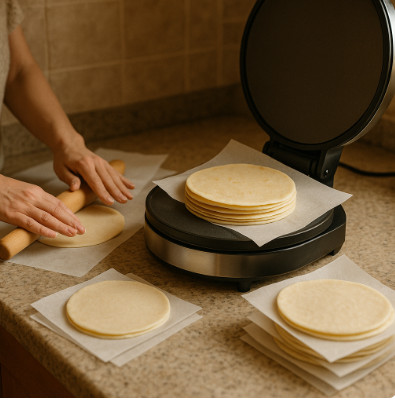 А что, если мало времени, и хочется ускорить выпекание блинов? Гениальный прием для автматизации выпекания блинчиков: Так делать можно, и это хороший приём, особенно если ты хочешь сразу заготовить несколько блинов и получить ровную стопку одинаковых по толщине. Вот как правильно: 🔹 Раскатай кружочки теста заранее (толщина ~1–2 мм). Удобно делать это между двумя листами пергамента — тесто не прилипает и не рвётся. 🔹 Сложи их стопкой, перекладывая каждый лист пергаментом. Это не даст им слипнуться. 🔹 Поставь всю стопку прямо в чапатницу под закрытую крышку на 20–30 секунд. За это время верхние слои прогреются, нижние начнут слегка схватываться. 🔹 Дальше доставай по одному и допекай уже без пергамента (по 1–2 мин с каждой стороны). 🌿 Что это даёт: – блины получаются ровнее и тоньше, чем если лить тесто; – поверхность — гладкая, как у покупных тортильяс; – стопка не высыхает, потому что тепло распределяется мягко; – можно заморозить всю стопку прямо в пергаменте и потом разогревать по одному. ⚠️ Только важно: не держи всю стопку дольше 30–40 секунд — иначе нижний слой может прилипнуть к пергаменту. Лучше работать с 4–5 кружочками за раз. Тесто для блинчиков в чапатнице при ХПН, подагре и преддиабете готовится быстро и результат радует.