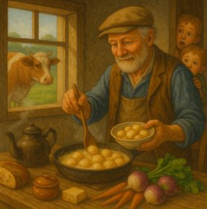 Navets glacés — Франция — репа, тушённая до блеска в сливочном соусе. Крестьянин в деревне готовит Navets glacés — Франция — репа, тушённая до блеска в сливочном соусе