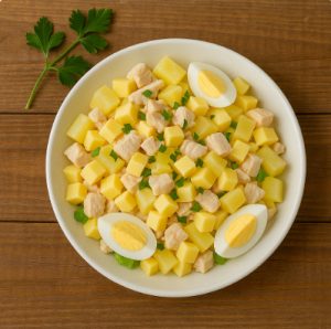 Салат с курицей, ананасами, сыром и яйцом