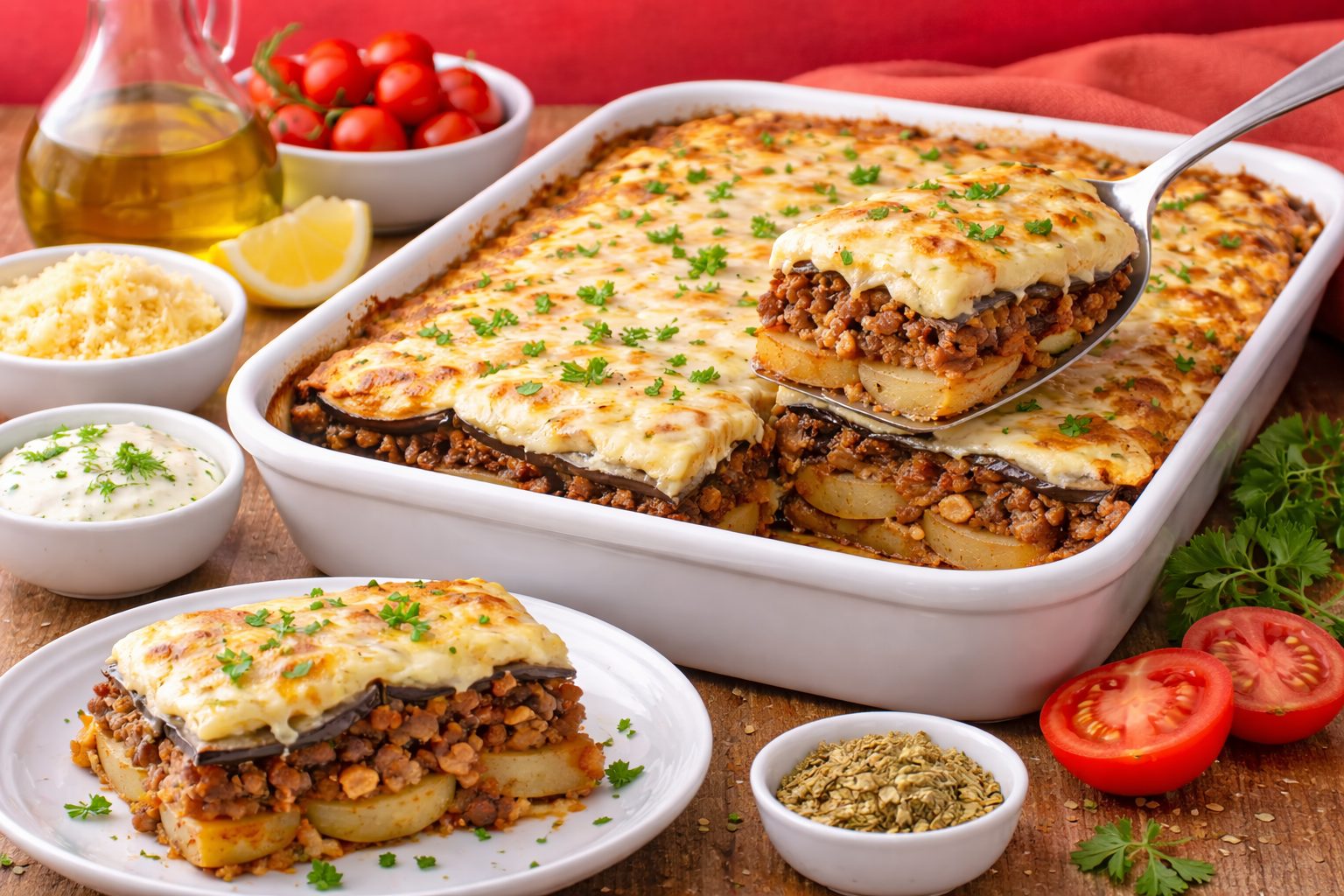Ароматная греческая запеканка Moussaka с баклажанами, картофелем и йогуртовой корочкой в керамической форме