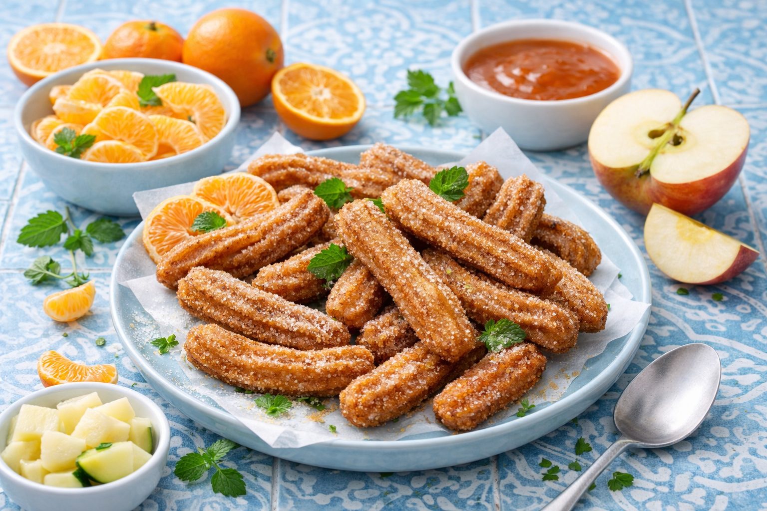 Ингредиенты для сладких чурросов из псевдомуки: миндальная мука, мандарины, яблоки, корица