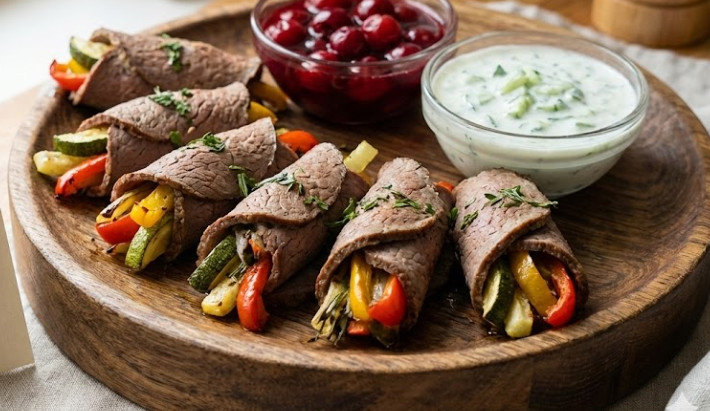 Запеченная говядина рецепт Ломтики запеченной говядины с белым соусом