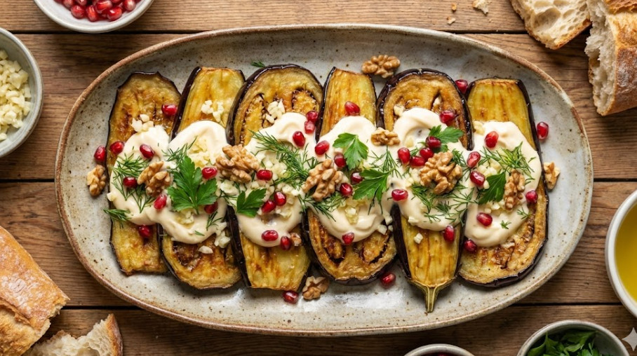 Рулетики из баклажанов с чесночным соусом