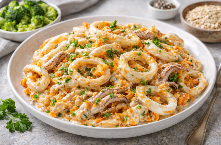 Нежные жареные кальмары со сметаной на тарелке