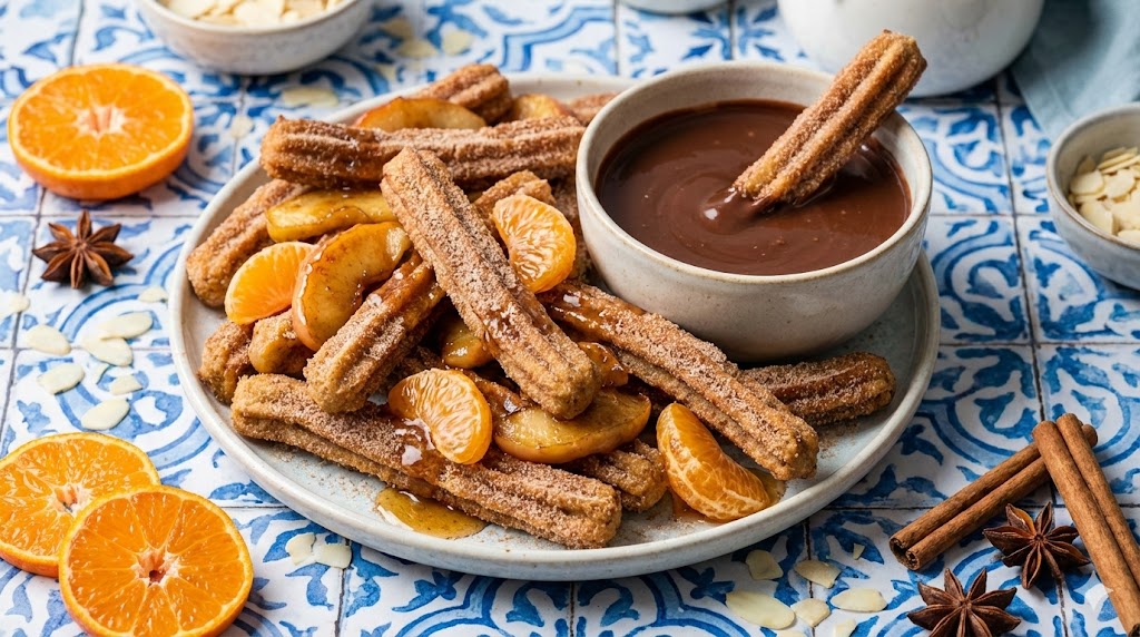 Готовые диетические чурросы из миндальной муки с мандариново-яблочной начинкой на тарелке