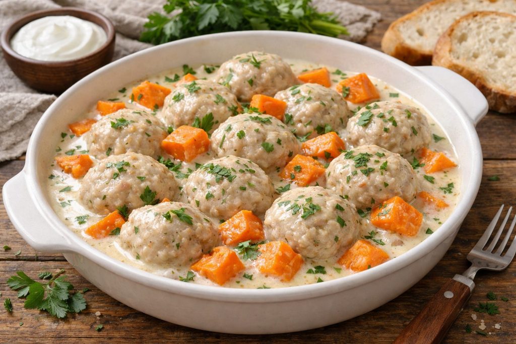 Нежные тефтели из кролика с бататом в легком сметанном соусе