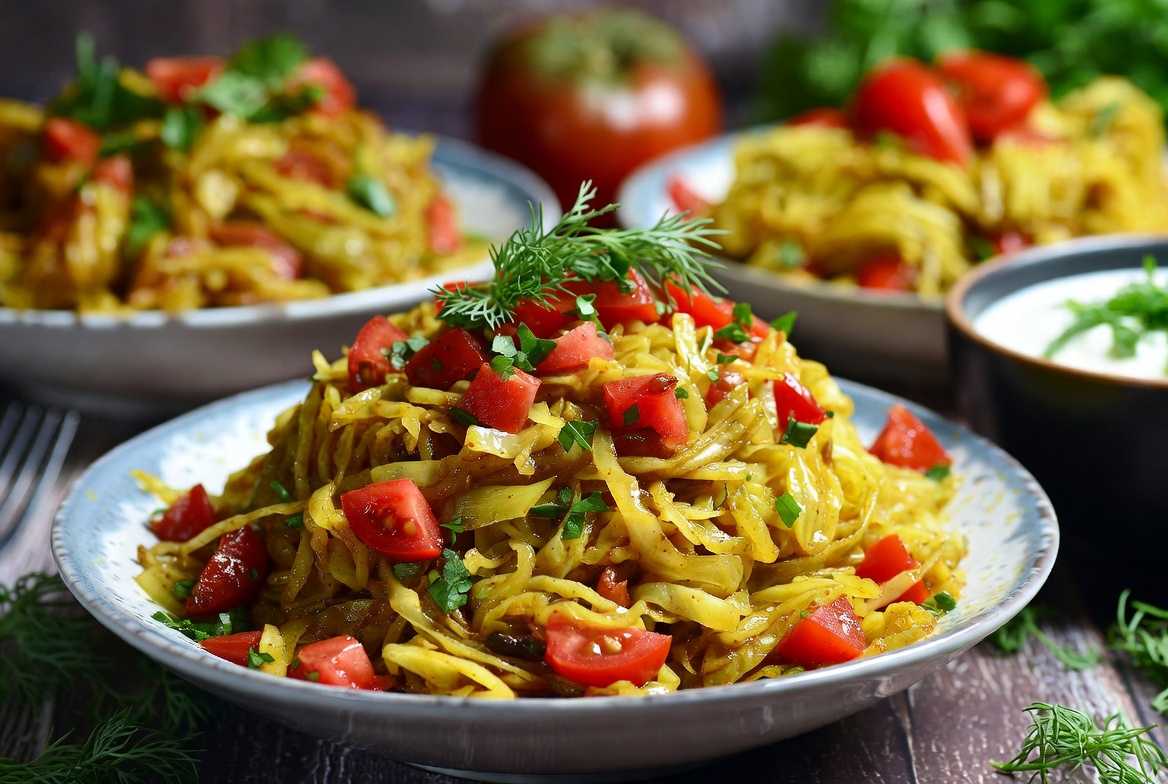 Готовая капуста с томатами по-армянски крупным планом