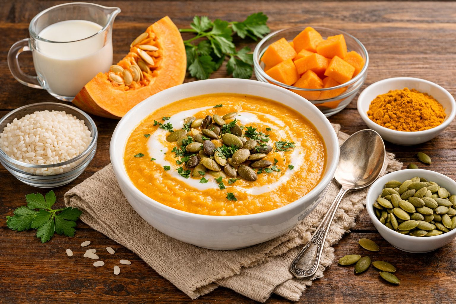 Тыквенный суп-пюре на рисовом отваре — за 30 минут и 5 ингредиентов Тыквенный суп-пюре на рисовом отваре — за 30 минут и 5 ингредиентов - пошаговый рецепт с фото